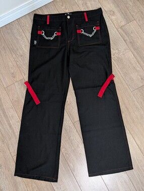 Y2K Royal Bones Black Wide-Leg Jeans with Red Strap & Chain Accents